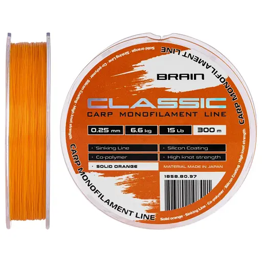 Волосінь Brain Classic Carp Line (solid orange) 300 м 0.25 мм 15 lb 6.6 кг