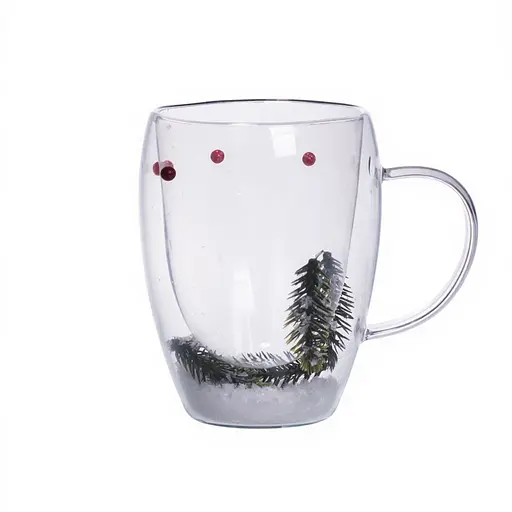 Чашка стеклянная с двойными стенкамис новогодним декором веточка из елки 350 мл Yiwu 64486-44