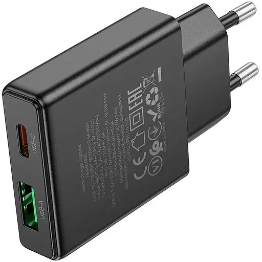 Ультратонкое двухпортовое зарядное устройство Hoco N38 Delgado Type-C 20 Вт и USB-A 18 Вт PD20W/PPS/QC3.0/FCP/AFC Black - фото 7