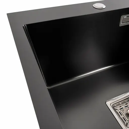 Кухонная мойка Platinum Handmade PVD HSBB 500x500x220 черная (квадратный сифон, 3.0/1.0), Черный - фото 4