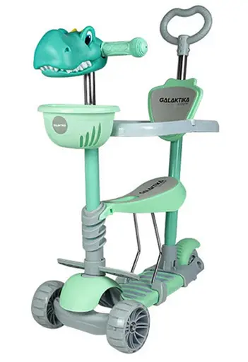 Дитячий триколісний самокат 5 в 1 з підсвічуванням, кошиком та батьківською ручкою Galaktika Dino Зелений - фото 1