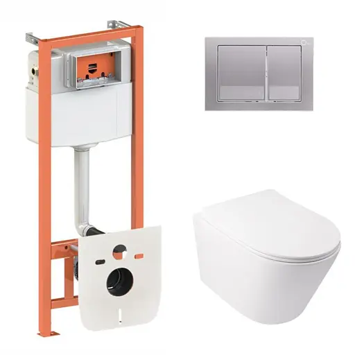 Набор: Qtap Swan Ultra Quiet унитаз подвесной QT16335179W + Nest комплект инсталляции 4в1 (квадратная клавиша Satin) QT0133M425 + M06029SAT - фото 1