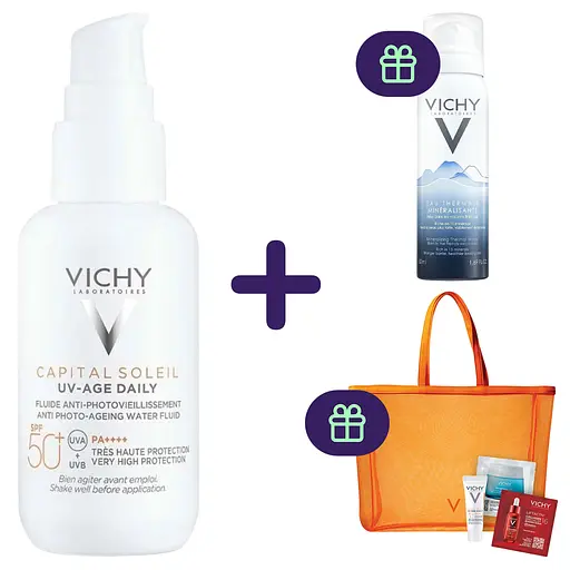 Набір Vichy: сонцезахисний невагомий флюїд Capital Soleil UV-Age Daily 40 мл + термальна вода 50 мл + набір пробників у сумці - фото 1