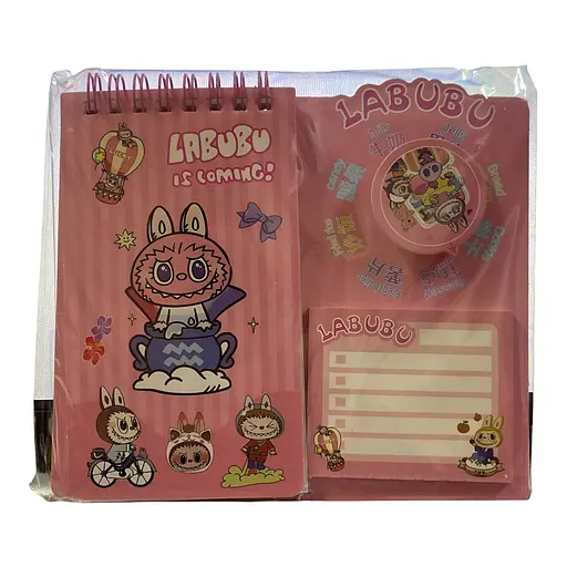 Детский блокнот Лабубу с наклейками, стикерами для записей и держателем для ручки малиновый (25-SS197)