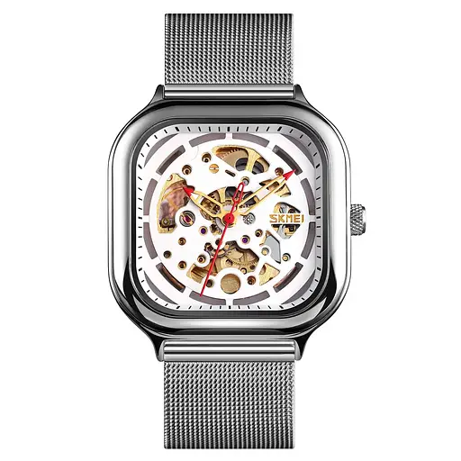 Мужские механические часы Skmei 9184 скелетон (Серебристый с белым циферблатом)