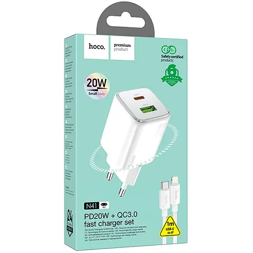 СЗУ Hoco N41 Almighty PD20W+QC3.0 (1USB-A/1C) + кабель Type-C to Lightning White - фото 4