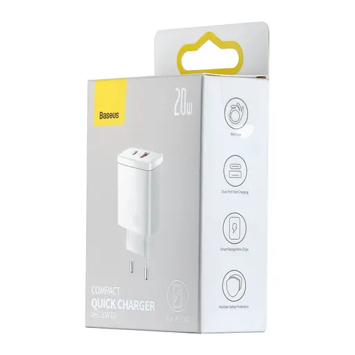 Мережевий зарядний пристрій Baseus Compact Quick Charger 20W QC + PD (1Type - C + 1USB) Білий - фото 2