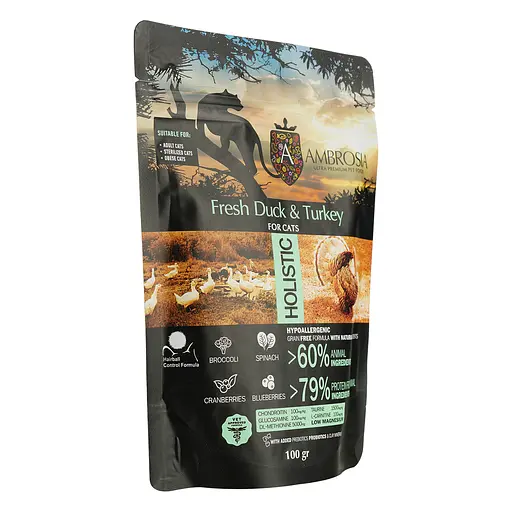 Сухой корм Ambrosia Grain Free для взрослых кошек со свежей уткой и индейкой 100 г - фото 2