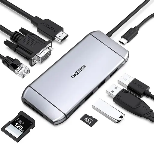 USB-хаб Choetech USB-C хаб 9-в-1 M15 HDMI 4K@30Hz, VGA, 3 USB 3.0, RJ45, USB-C PD, SD-card, TF-card (43-00153) - фото 3