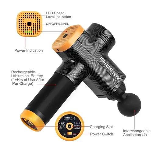 Ударный массажер триггерных точек Phoenix A2 Пистолет массажный 2400mAh 3 скорости 6 насадок - фото 5