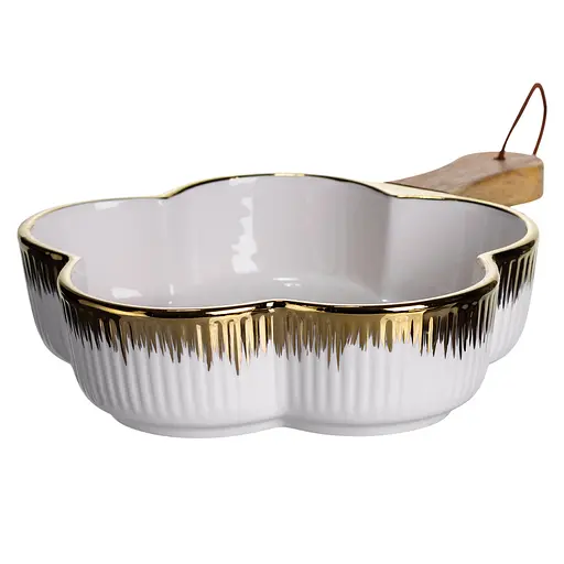 Тарелка фарфоровая глубокая с ручкой Цветок 27×20×5 (см) сервировочное блюдо с ручкой для подачи тарелка сковорода Золото Yiwu ZJH-13-2 - фото 4