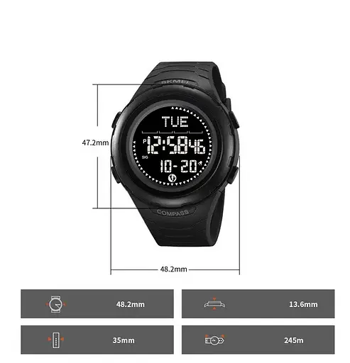 Часы мужские наручные спортивные Skmei 2166 Compass с компасом и шагомером (Черный) - фото 5
