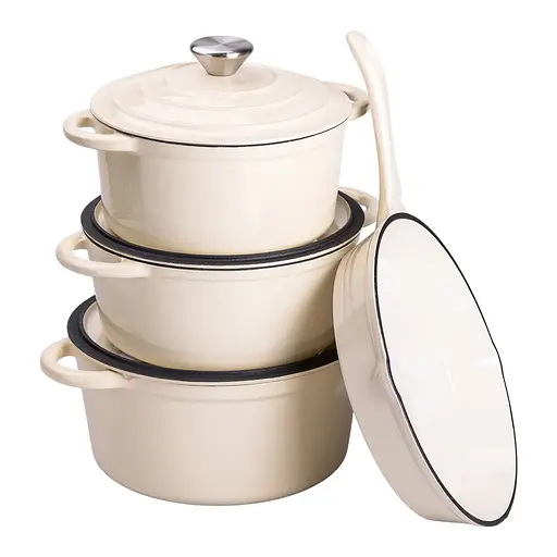 Набір чавунного посуду 1/2/3/4 л емальований 3 каструлі сковорода, комплект кухонного начиння для готування Бежевий HP-1-6-WHITE