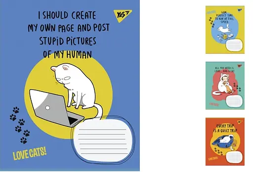 Зошити учнівські 24 аркуша клітинка. 1В Love cats, 20 шт. в упаковці