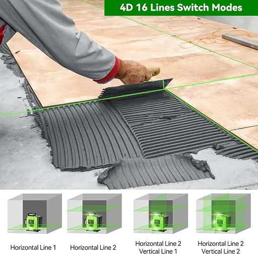 Лазерный уровень, 4 x 360° 16 линий, самовыравнивающийся зеленый лазерный уровень, горизонтальный и вертикальный перекрестный - фото 4