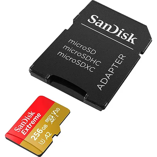 Карта пам'яті SanDisk microSDXC 256GB UHS-I Extreme U3 A2 V30 + SD Adapter (SDSQXAV-256G-GN6MA) (100884)