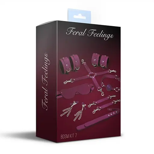Набір Feral Feelings BDSM Kit 7 Burgundy, наручники, поножі, конектор, маска, паддл, кляп, затискачі - фото 2