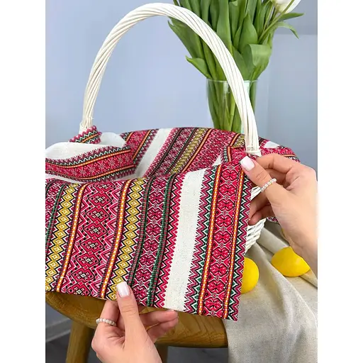 Комплект Пасхальная корзина Буковина (большая) с льняным полотенцем 70х45 см Грация красная и свеча - фото 4