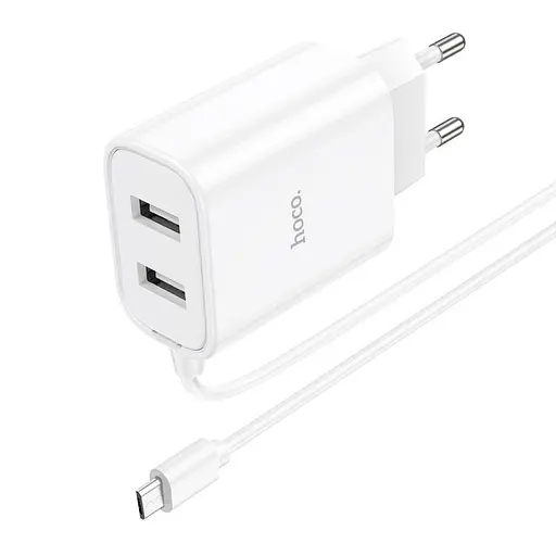 Зарядний пристрій Hoco C103A 2 порти + вбудований Micro USB кабель біле - фото 4