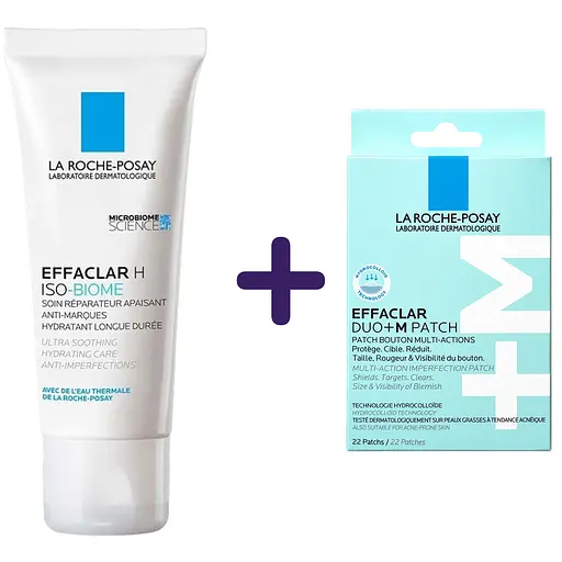 Набір  La Roche-Posay Effaclar: Заспокійливий відновлювальний зволожувальний крем  H Iso-Biome для зневодненої чутливої шкіри схильної до недоліків 40 мл + Гідроколоїдні мультифункціональні патчі Duo+ M Patch для захисту точкової дії 22 шт. - фото 1