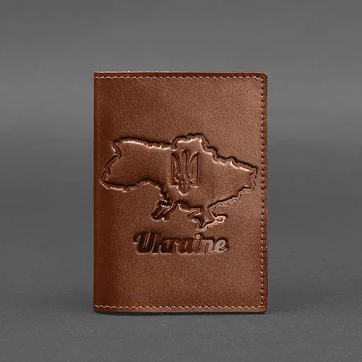Кожаная обложка для паспорта с картой Украины светло-коричневый краст - фото 5