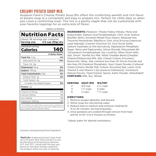 Картофельный крем-суп сублимированный с большим сроком годности 25 лет Augason Farms, 36 порций (101093) - фото 4