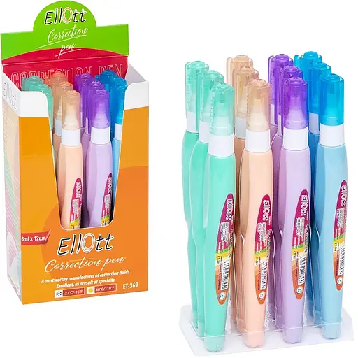 Коректор-ручка, Ellott, ET369/340-12, 6 мл, 12 шт. в упаковці