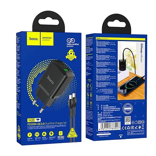 Зарядний пристрій набір Hoco N28 Founder charger set з кабелем USB-C USB-C чорний - фото 3