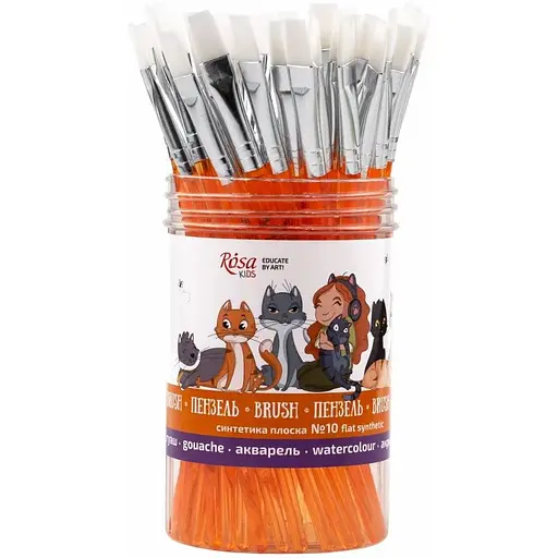 Синтетика плоска №10 тубус 40 шт оранжева ручка пензель Rosa Kids