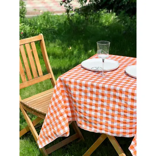 Скатертина в клітинку для столу Зефір 380х150 см Помаранчева - фото 5