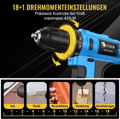 Набір акумуляторних шуруповертів Conentool 21 В, акумуляторна дриль з 2 батареями 2000 мАг, максимальний ударний дриль 42 Нм - фото 5