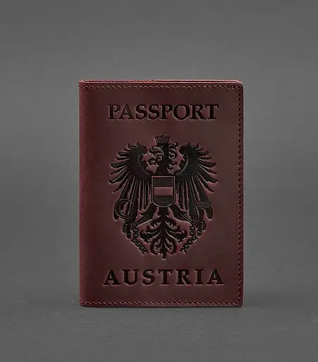 Кожаная обложка для паспорта с австрийским гербом бордовая Crazy Horse - фото 1
