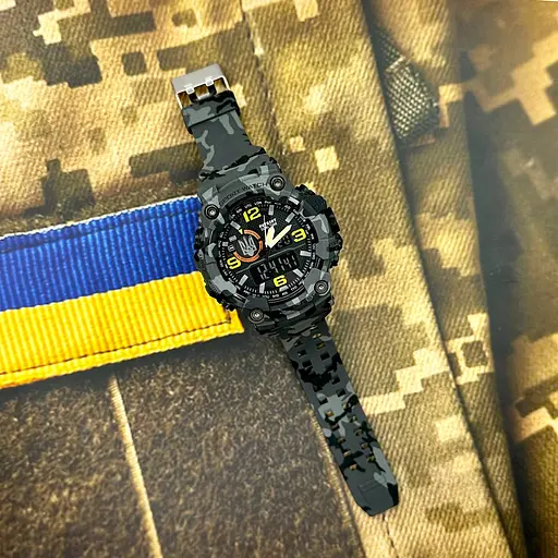 Наручний годинник чоловічий 002CMGYUASI Тризуб срібло Сірий камуфляж + Коробка. Patriot acs0031065 - фото 2