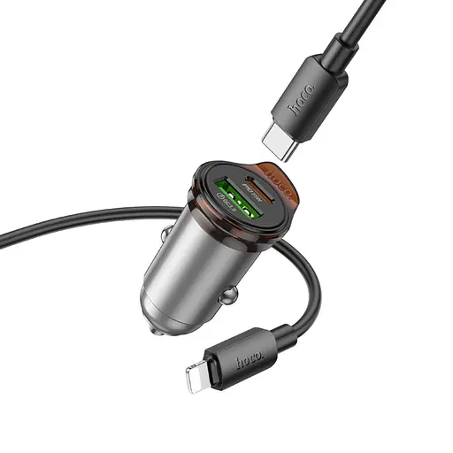 Автомобільний зарядний пристрій Hoco NZ16A USB/Type-C 43W PD QC 25W metal grey + кабель Type-C to Lightning - фото 4