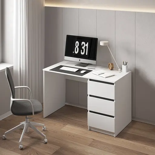 Компьютерный стол Vays, письменный, современный, с тумбой cправа, 3 ящика з фасадами без ручек R-1 Белый-Антрацит планки