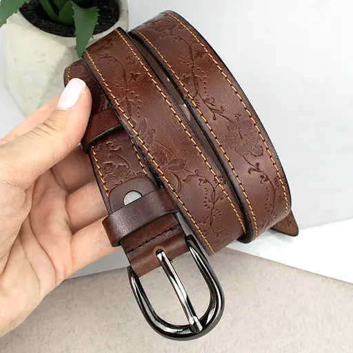 Ремень женский кожаный с цветами SF-255 коричневый (125 см) - фото 6