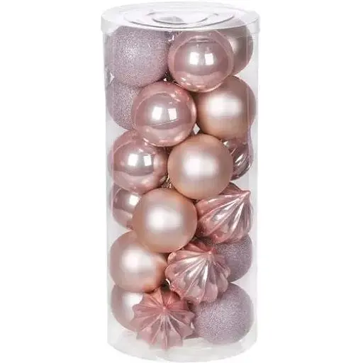Набір ялинкових кульок діаметром 6 см рожевого кольору 24 шт рельєфний перламутр матові і глітер - фото 1