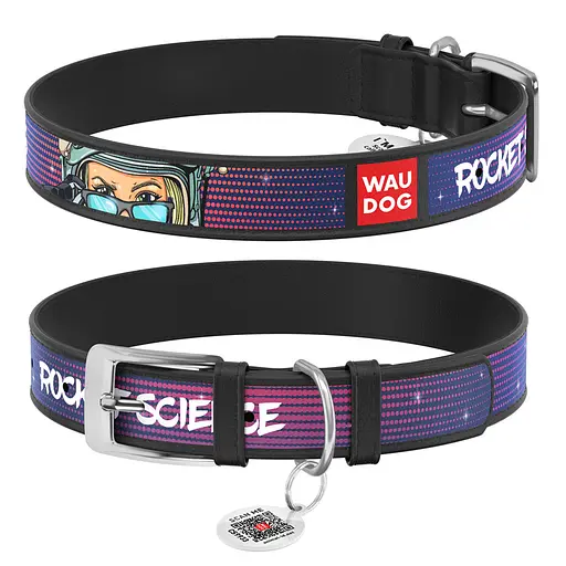 Ошейник для собак кожаный Waudog Design с QR-паспортом "Космос. Ракетостроение" XL Ш 35 мм Д 44-58 см черный