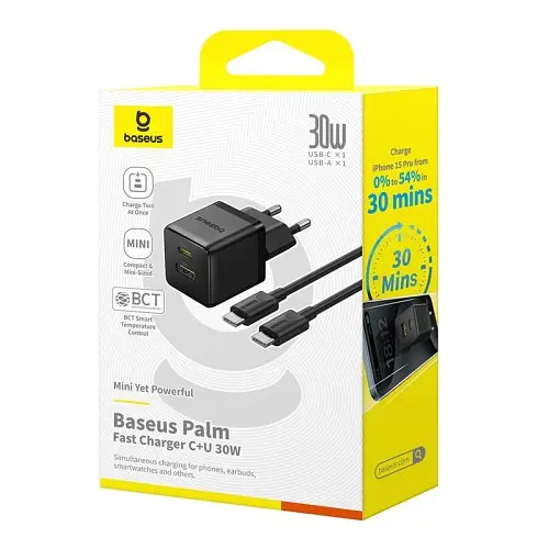 Мережевий зарядний пристрій Baseus Palm Fast Charger C+U 30W + Cable Type-C to Type-C чорний P1011160A113-01 - фото 4