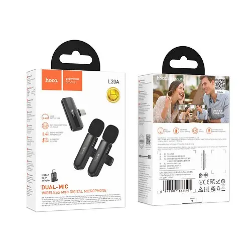 Мікрофон Hoco L20A Fair dual-mic wireless microphone iP/Type-C чорний - фото 8