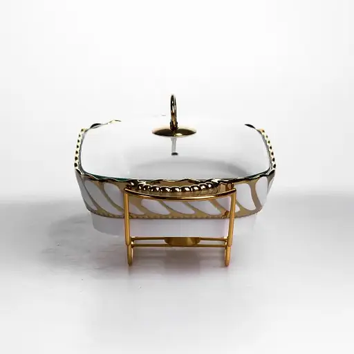 Мармитница фарфоровая Yiwu Tiffany 1.5 л со стеклянной крышкой на металлической подставке с подогревом 34х26х7 см мармит для первых блюд SG-428-13 - фото 3