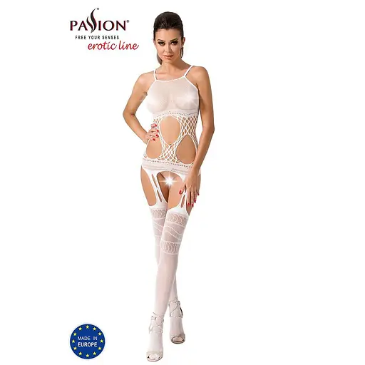 Бодістокінг Passion BS047 комбінезон імітація топа панчохи та пояси S/M/L white - фото 2