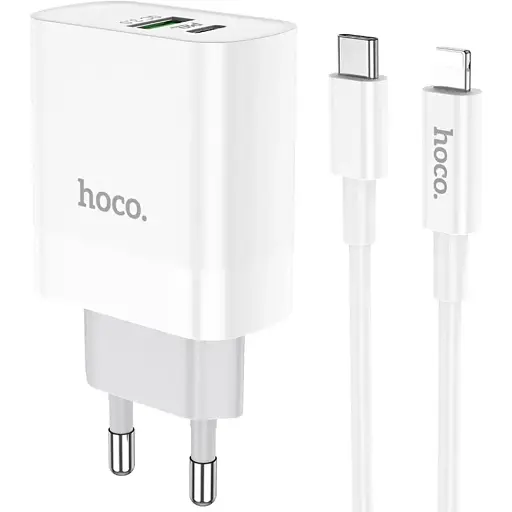 Зарядное устройство Hoco C80A USB/ Type-C QC PD 20W белый + кабель Type-C to Lightning - фото 1
