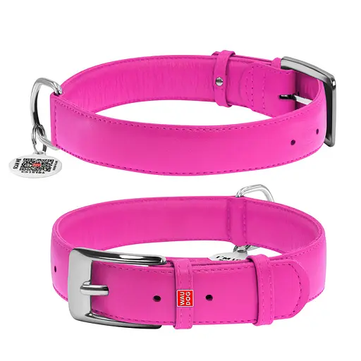 Ошейник для собак кожаный Waudog Glamour с QR-паспортом без украшений XL Ш 35 мм Д 46-60 см розовый
