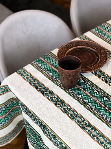 Лляна скатертина різдвяна з українським орнаментом "Рандеву зелений" - 220х150 см - фото 7