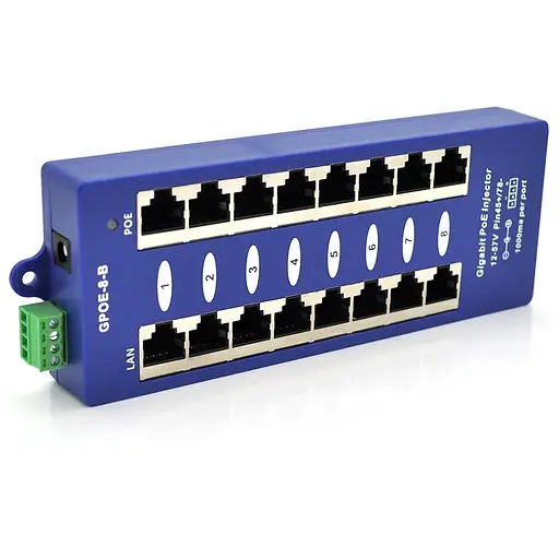 8-портовий POE-інжектор живлення, з 8xRJ45 портами Ethernet 10/100 / 1000Мбіт / с, IEEE802.3af / at, 12-57V, PIN45 + / 78-