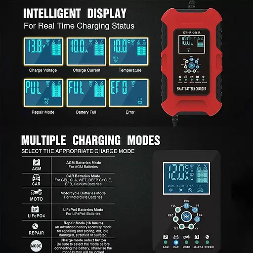 Автоматическое зарядное устройство Foxsur 12-24V 10А для авто аккумулятора - фото 8