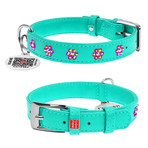 Ошейник для собак кожаный Waudog Glamour с QR-паспортом с клеевыми стразами "Цветы" Ш 20 мм Д 30-39 см