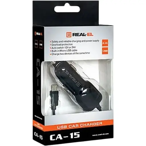 Автомобільний зарядний пристрій Real-El CA-15 (2USB, 2.1A) Black + кабель microUSB - фото 8