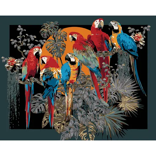Набор для росписи по номерам Strateg Стая попугаев на черном фоне 40 х 50 см (AH1230-19) - фото 1